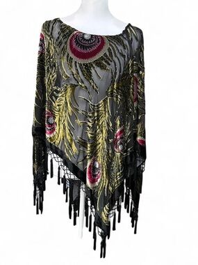 Aris A silk and velvet tassel beaded poncho